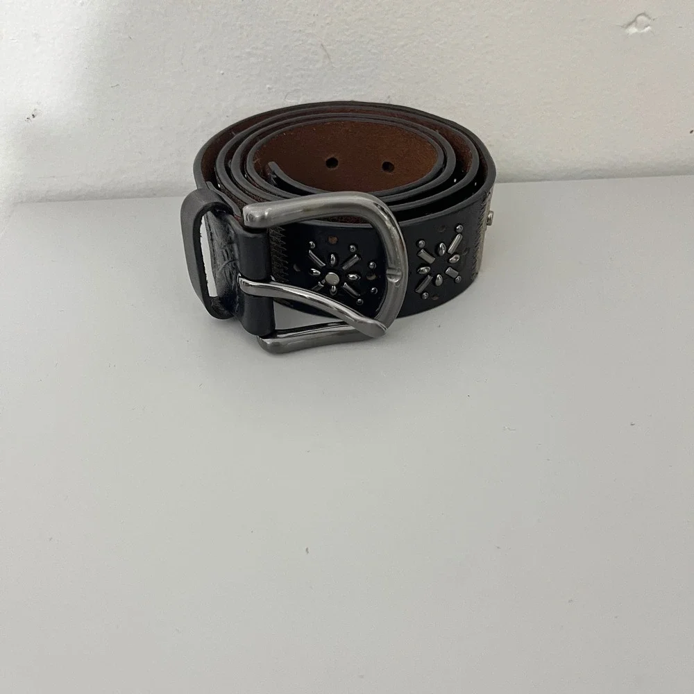 Fossil Belt Women Large Black Brown Studded Leather Patchwork Grommet BT3180016L